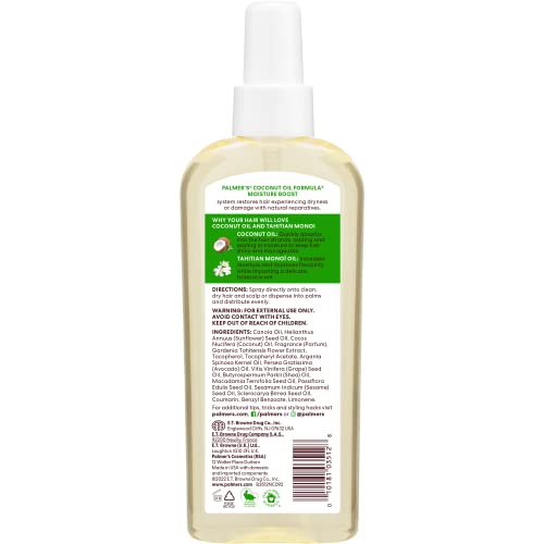 Palmer's Coconut Oil Moisture Boost, Restorative Hair and Scalp Oil Spray, Lasting Hydration and Shine for Dry or Damaged Hair, Promotes Scalp Health, 5.1 Oz (Pack of 2)