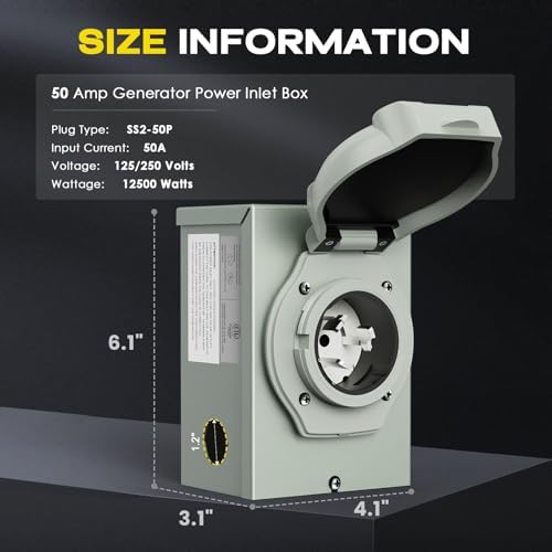 50 Amp Generator Power Inlet Box, NEMA SS2-50P for 3 Prong Generator Cord, 125/250 Volt, 12500 Watts, Weatherproof, Outdoor Use, ETL Listed