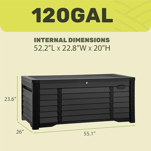 YITAHOME 120 Gallon Large Outdoor Storage Deck Box, Waterproof Cushion Storage Bench with Lockable Lid for Patio, Pool Supplies, Garden Tools, Resin, Black