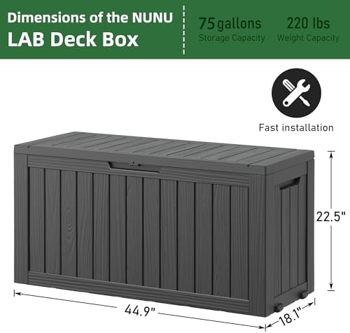 NUNU LAB 75 Gallon Outdoor Storage Box,Large Resin Sturdy Deck Box, Backyard Outside Storage Box Waterproof with Double Wall Panels,Package Delivery Garden Hose Storage Bin Outdoor Tool