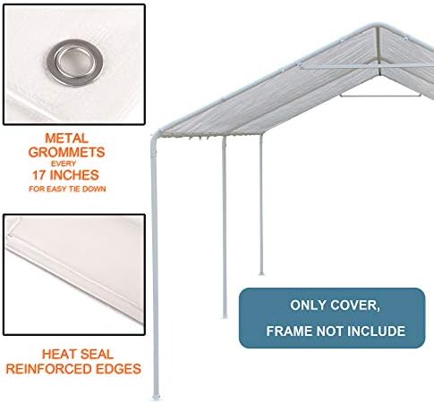 10 x 20 Ft Carport Replacement Canopy Cover Garage Top Tent Shelter Tarp with Free 44 Ball Bungee Cords,White(Only Cover, Frame Not Include) (10x20 White)