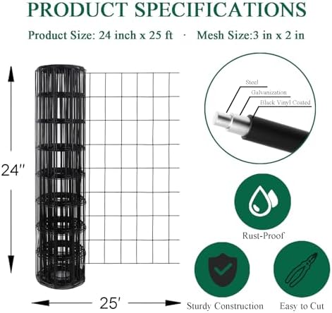 Black PVC Coated Welded Wire Fence 24 Inch x 25 Foot, 2 Inch x 3 Inch 16GA, Garden Border Fencing Roll Vinyl Coating Metal Wire Mesh for Yard Vegetable Plant Protection Poultry Netting