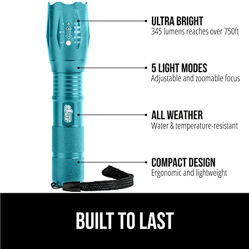Gorilla Grip Powerful LED 750 FT Water Resistant 5 Adjustable Mode Tactical Flashlight, High Lumens Ultra Bright Battery Life Zoom Flashlights, Small Camping Car Mini Flash Light Accessories Turquoise