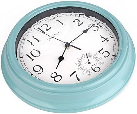 12 Inch Outdoor Clock Waterproof with Thermometer,Vintage Indoor Outdoor Wall Clocks for Patio,Pool,Garden,Home Decor-Teal
