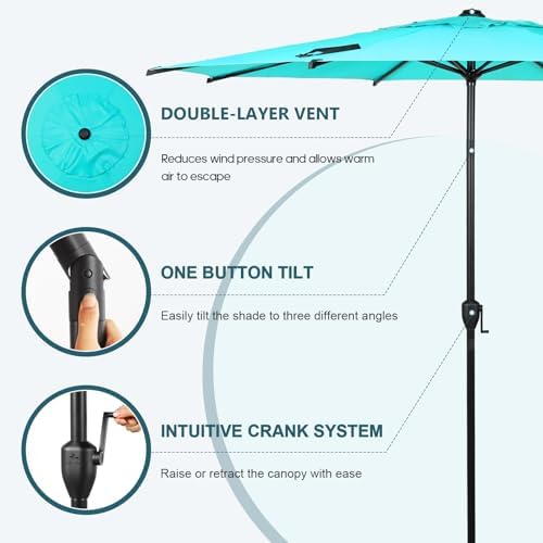 Abba Patio 9FT Lyon Outdoor Patio Umbrella Outdoor Table Umbrella with Push Button Tilt and Crank Market Umbrella 8 Sturdy Ribs UV Protection Waterproof for Garden Deck Backyard Pool Light Blue