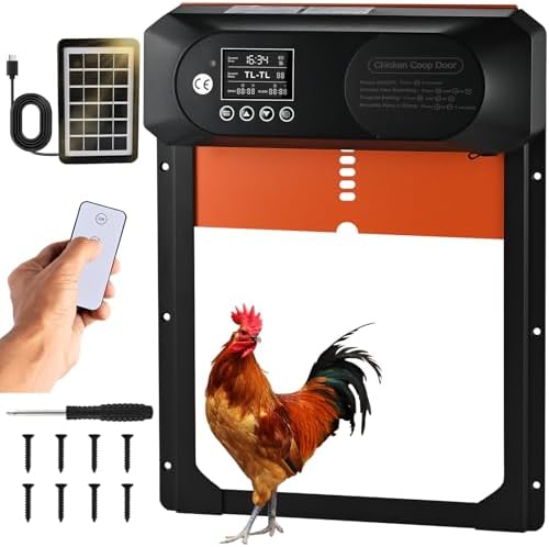 Automatic Chicken Coop Door, Solar Chicken Door with Timer, Waterproof LED Display, Light Sensor, 25M Remote Control, 4 Modes & Anti-Pinch, Large Electric Chicken Coop Door for Chicken Poultry