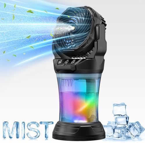 Portable Misting Fan,30000mAhRechargeable Misting Fan With Remote,Portable Mist Fans for Outside Patios Camping Beach & Travel,RGB Light,4 Speeds & Spray,120° Auto Oscillating,2l Bucket Mist Cooling