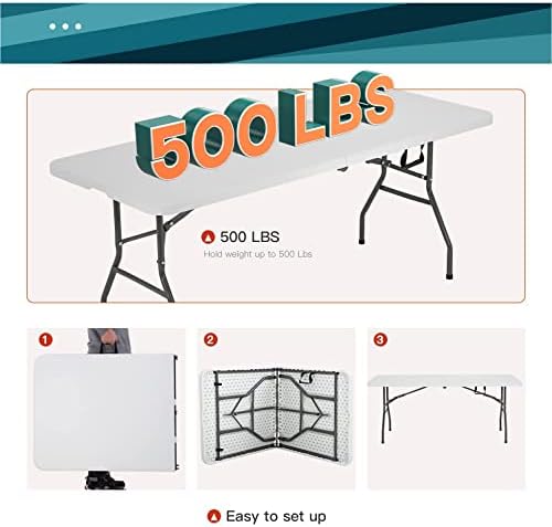 6FT Folding Table, Heavy Duty Plastic Table Portable Fold-in-Half Utility Table Indoor Outdoor Picnic Table w/Handle & Lock for Camping BBQ Party Wedding Market Events, 500LBS