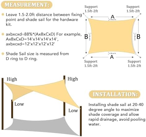 Shade&Beyond Rectangle Sun Shade Sail 12'X16' Permeable Canopy Sand for Patio Garden Yard Deck Pergola (We Make Custom Size)