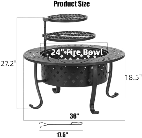 36 Inch Fire Pit with 2 BBQ Grills, Wood Burning Fire Pits for Outside with Lid & Fire Poker, BBQ& Outdoor Firepit & Round Metal Table 3 in 1 for Patio, Picnic, Party