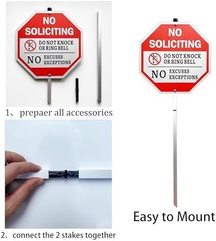 No Soliciting Sign for House and Yard - 10x10 Inch, 40 Mil Rustproof Aluminum, Weatherproof, Reflective, with 28-Inch Stake - Do Not Knock or Ring Doorbell Sign for Front Door and Property Protection