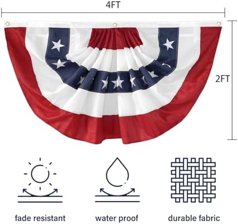 4Pack Bunting Flag 2x4 Ft American Patriotic Bunting 4th of July Decor Outside Porch USA Pleated Half Fan Flag Decorate Garden Embroidered Star Red White & Blue Banner