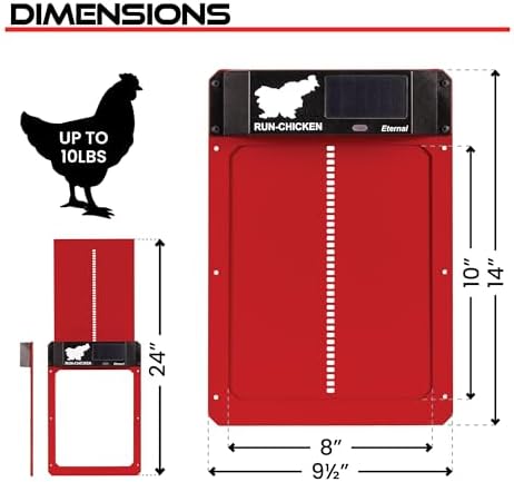 RUN-CHICKEN Door (Red) Solar, Chicken Coop Door, Battery Powered Automatic Chicken Coop Door, Programmable Electric Chicken Door with Timer, Light Sensor, Solar Powered, Eternal