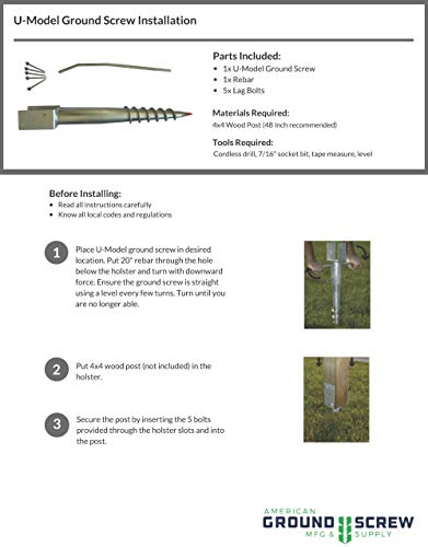 American Ground Screw U-Model - Easy-Install No-Dig Ground Anchor for Standard 4x4 Posts (Actual 3.5"x3.5") - Durable 27" Screw-in Stake for Mounting Wooden Posts