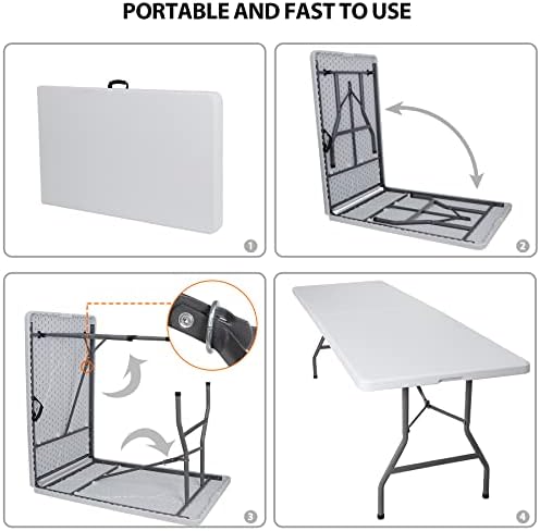 SUPER DEAL 8FT Folding Picnic Table for Indoor Outdoor, Portable Fold-in-Half Plastic Dining Camping Party Table with Carrying Handle