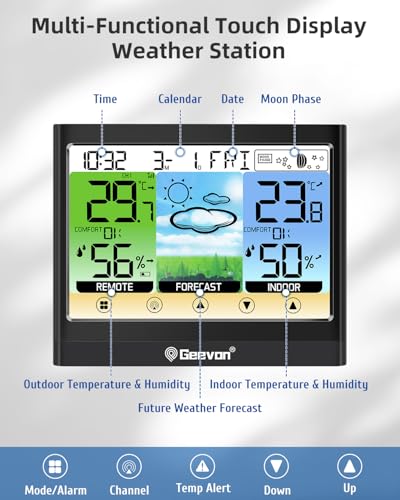 Geevon Weather Stations Wireless Indoor Outdoor Thermometer Hygrometer with Dew Point, Heat Index, Touch LCD Display Digital Weather Thermometer with Alarm Clock and Adjustable Backlight