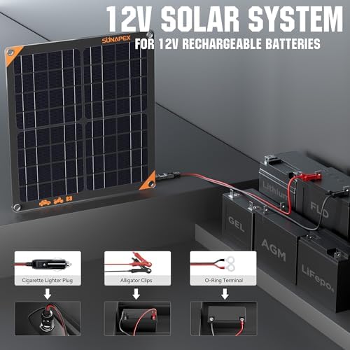 SUNAPEX 20W 12V Solar Panel Battery Charger Maintainer, Portable Waterproof Solar Trickle Charger with Built-in Charge Controller, Cig Plug, Alligator Clips, O-Rings for Car, Truck,Tractor, Boat, etc