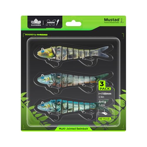 HANDING M1 Multi-Jointed Swimbait Fishing Lure with Mustad Hook, Freshwater or Saltwater Musky Pike Bass Lures,Lifelike Hard Swimbait, Original Design, Angler's Gift 1/2oz,3/4oz,1 1/4oz (3 Pack)
