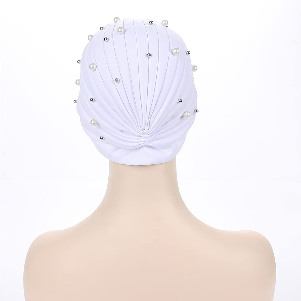 Fxhixiy Turban Hats for Women Beaded Pre Tied Knot Hats Chemo Beanies Headwrap caps for Cancer Hair Cover (White)