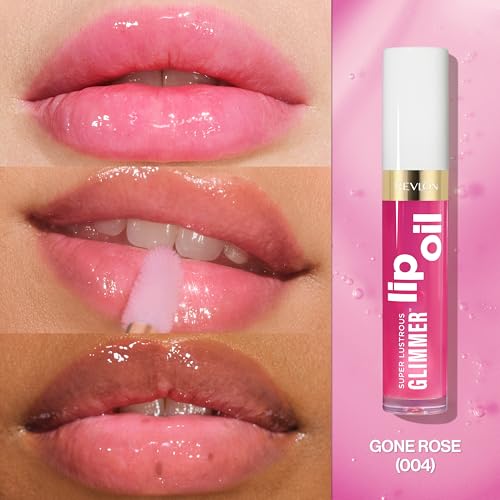Revlon Super Lustrous Glimmer Lip Oil, Moisturizing & Tinted, Shiny Finish, Made with Plant-Based Squalane, 004 Gone Rose, 0.13 fl oz