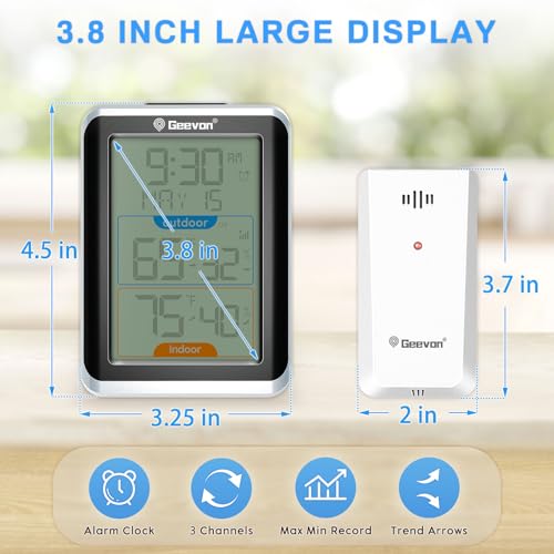 Geevon Wireless Indoor/Outdoor Thermometer & Hygrometer, Digital Temperature & Humidity Sensor with Time, Clock, 200ft/60m Range, Large Display