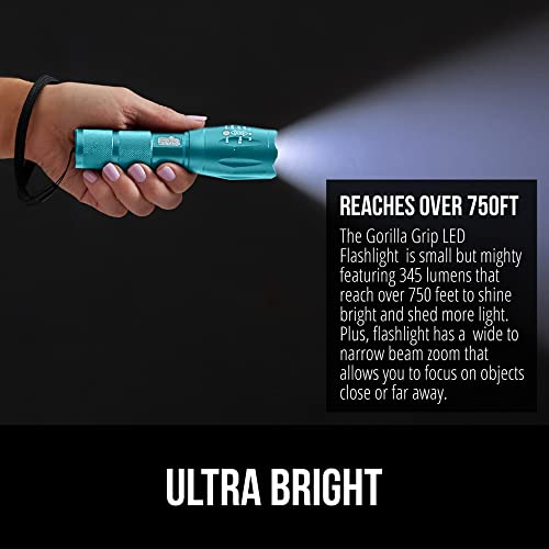 Gorilla Grip Powerful LED 750 FT Water Resistant 5 Adjustable Mode Tactical Flashlight, High Lumens Ultra Bright Battery Life Zoom Flashlights, Small Camping Car Mini Flash Light Accessories Turquoise