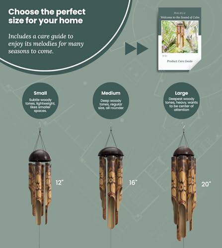 Rustic Bamboo Wind Chimes - Outside Outdoor Wooden Windchimes, Small, Floral Burned Design with Coconut Crown, Handcrafted with Calming Deep Tones, Home Decor Ideal Gift for Him & Her