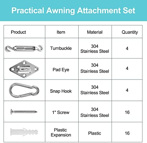 HOMPER Awning Attachment Set, Heavy Duty Sun Shade Sail Stainless Steel Hardware Kit for Garden Triangle and Square, Rectangle, Fixing Accessories