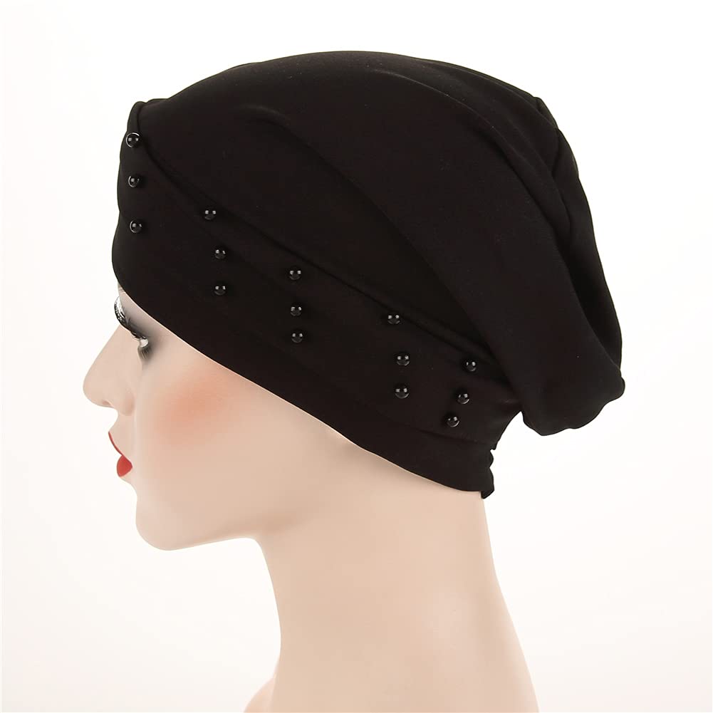 Fxhixiy Women Turban Head Wrap Pre-Tied Beaded Silky Cap Chemo Beanies Chemical Cancer Hair Cover Hat (Black)