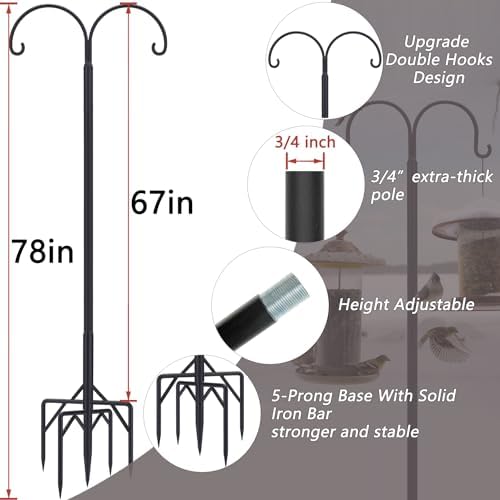 Bird Feeder Pole, Double Shepherds Hooks for Outdoor, 5 Base Prongs Adjustable Stand for Hanging Heavy Duty Feeders, Plant Baskets, Garden Plant Hanger Stands (78Inch, 2 Pack)