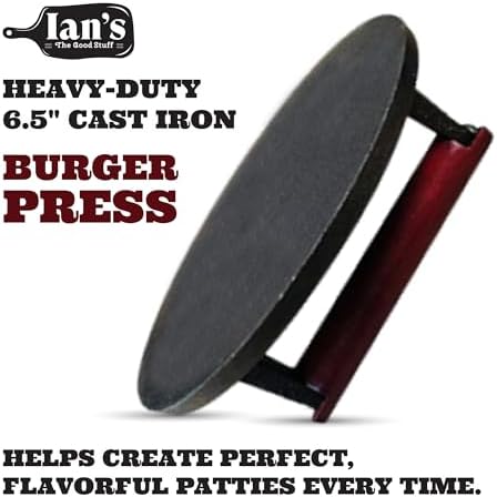 Ian's Smash Burger Press 6.5" Cast Iron Hamburger Press Heavy Duty - Burger Smasher Griddle Press, Meat Press, Makes Great Gift for Dad