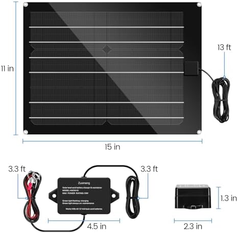 Solar Battery Charger Maintainer, Zuomeng 15W Solar Panel Kit for Dump Trailer Built-in Maintenance Pulse & Intelligent MPPT Charge Controller, Waterproof, Suitable for 12V Lead-Acid Battery