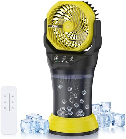 Wilody Misting Fan Portable Camping Fan 42800mAh Battery Powered with Remote Control, RGB Ambient Light with 2L Bucket, Battery Indicator, 120° Auto Oscillating, Timing Function, Grip Handle