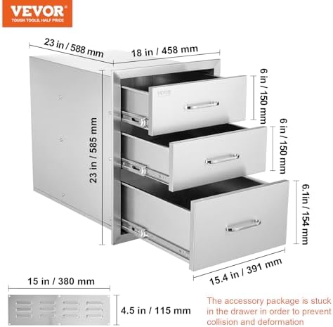 VEVOR 18x23 Inch Outdoor Kitchen Stainless Steel Triple Access BBQ Drawers with Chrome Handle, 18 x 23 x 23 Inch