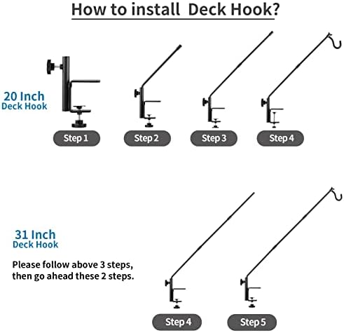 2 Pack Heavy Duty Deck Hook, 31 Inch Extended Adjustable, 360° Rotatable Arm Solid Rod, Solid Steel Deck Hangers for Hanging Bird Feeders, Plants, Planters, Suet Baskets, Lanterns, Wind Chime