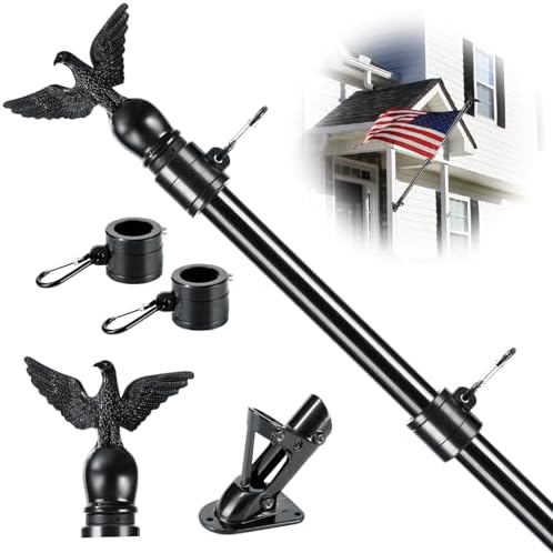 6FT Flag Pole Kit for House with Holder Bracket, Upgrade Stainless Steel Tangle Free Flagpole, Heavy Duty House Flag Pole Kit for 3x5 American Flag for Outside Porch,Outdoor,Boat (Black)