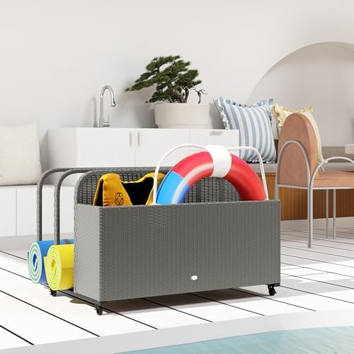 Outsunny Wicker Patio Pool Float Storage Basket, PE Rattan Outdoor Pool Caddy with Rolling Wheels for Floaties, Noodles, Life Vests, Beach Balls, Toys, Patio Furniture, Mixed Gray