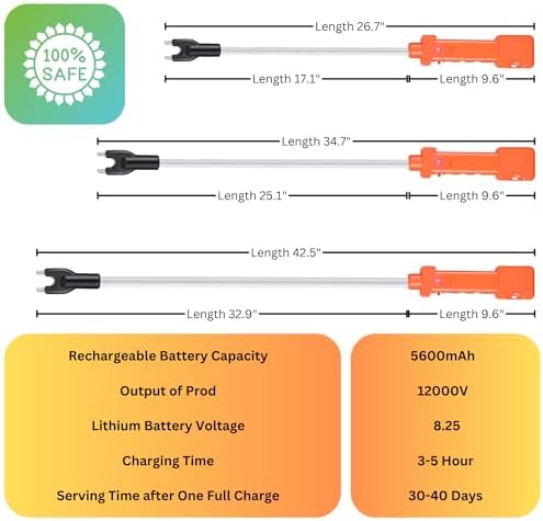 Rechargeable Cattle Prod, Waterproof Electric Livestock Prod with 2 LED Lights, Rechargeable Animal Prod for Farm Ranch Herding and Big Large Dogs, Livestock Shock Stick with Flexible Shaft