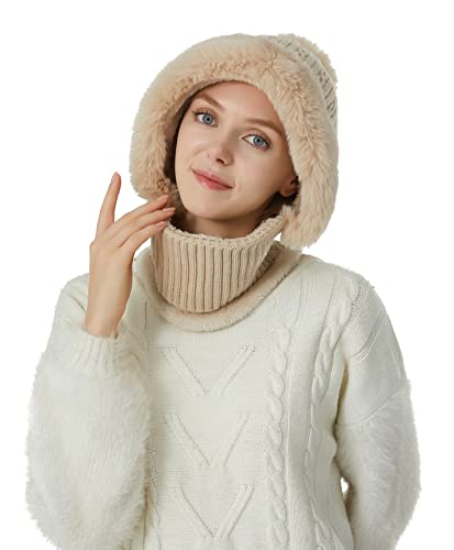 HUAMULAN Women Winter Knit Balaclava One Piece Skull Beanie Hat Neck Circle Scarf Set Ski Snow Slouchy Earmuff Pompom Hats