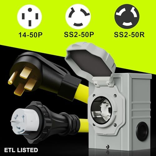 50 Amp Generator Cord 25FT and Power Inlet Box, NEMA 14-50P Male to SS2-50R 125/250V Twist Lock Connector With Pre-Drilled NEMA SS2-50P Inlet Box for House, ETL Listed