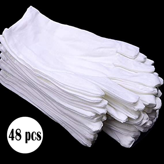 48 Pcs (24Pairs) White Cotton Gloves for Dry Hand Moisturizing Cosmetic Eczema Hand Spa and Coin Jewelry Inspection Soft, Breathable, Washable & Stretchy Cloth Checking Gloves,Serving Gloves