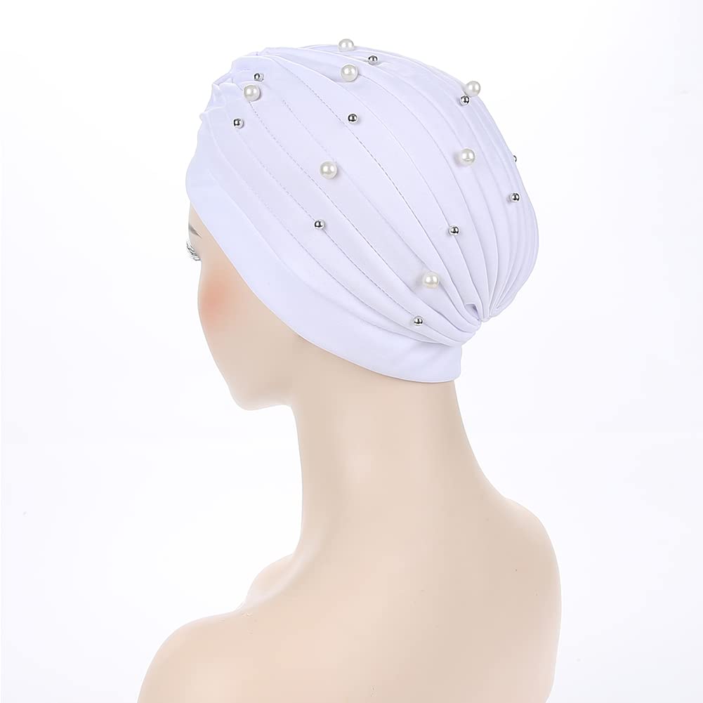 Fxhixiy Turban Hats for Women Beaded Pre Tied Knot Hats Chemo Beanies Headwrap caps for Cancer Hair Cover (White)