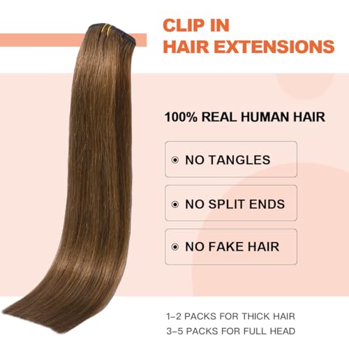 UGOTRAYS Light Brown Hair Extensions Clip in Human Hair 12 Inch 70g 7pcs Remy Hair Silky Straight 16clips One Pack for Women #6 Chestnut Brown Hair Extensions