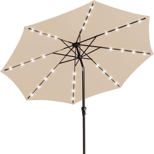 JEAREY 9FT Outdoor Patio Umbrella with Solar Lights, LED Lighted Pool Umbrella with Tilt and Crank, Outdoor Table Umbrellas for Deck, Yard & Market (Beige)