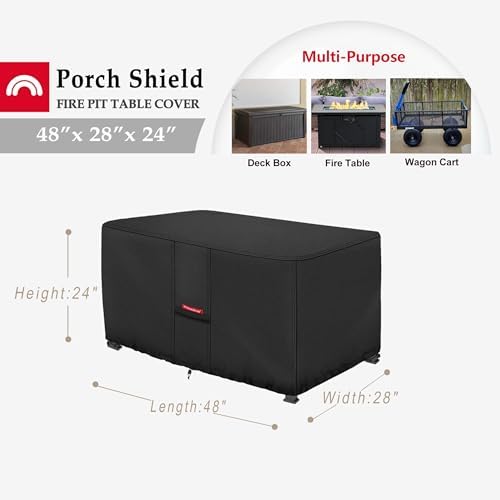 Porch Shield Patio Fire Pit Cover - Waterproof 600D Outdoor Rectangular Fire Table Cover Deck Box Protector - 48 x 28 inch, Black