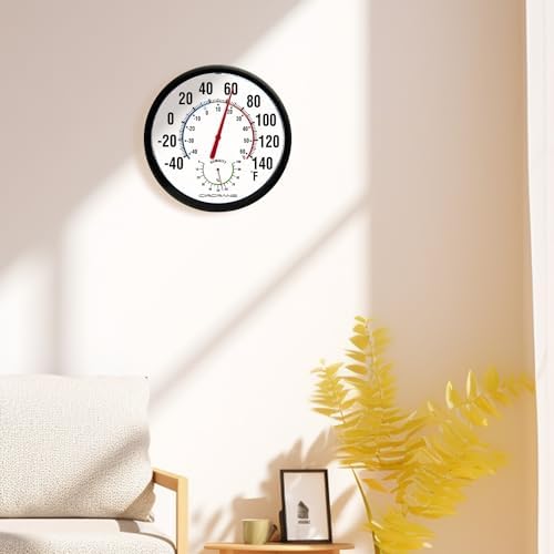 Circrane 13.25 Inch Round Thermometer with Hygrometer, Large Indoor Wall Patio Bimetal Weather Thermometer, No Battery Required, Black