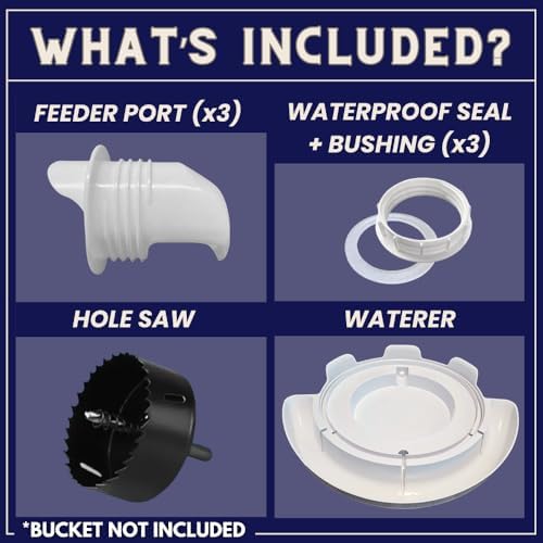 DIY Port PVC Gravity Fed Chicken Feeder 3 Ports and Hole Saw | Use for Buckets, Barrels, Bins, Troughs | Rain Proof, Weather Resistant, No Waste (Feeder and Waterer Bundle)