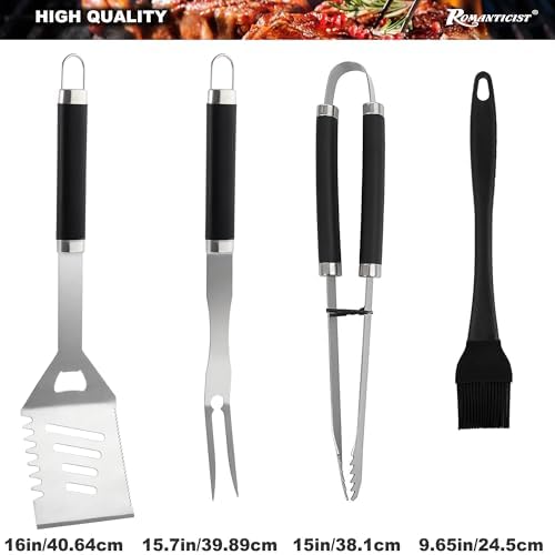 ROMANTICIST 20pc Heavy Duty BBQ Grill Tool Set in Case - The Very Best Grill Gift for Father's Day and Christmas - Professional BBQ Accessories Set for Outdoor Cooking Camping Grilling Smoking, Black