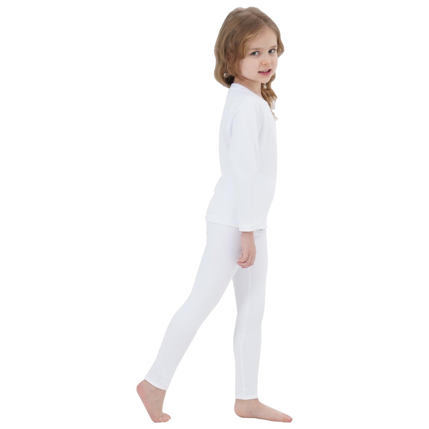 PISIQI Girls Thermal Underwear Set Ultra Soft Long Underwear for Kids Fleece Lined Winter Warm Base Layer Kids Long Johns Set White