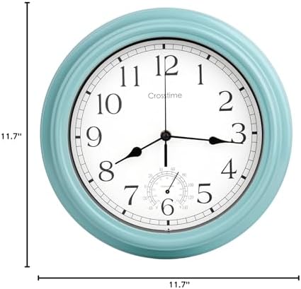 12 Inch Outdoor Clock Waterproof with Thermometer,Vintage Indoor Outdoor Wall Clocks for Patio,Pool,Garden,Home Decor-Teal